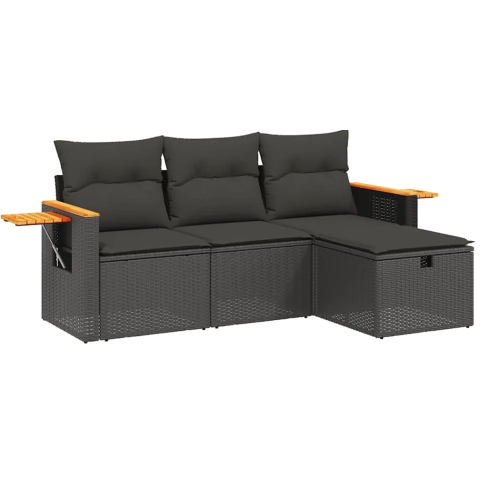 vidaXL 4-delige Loungeset met kussens poly rattan zwart, foto 3