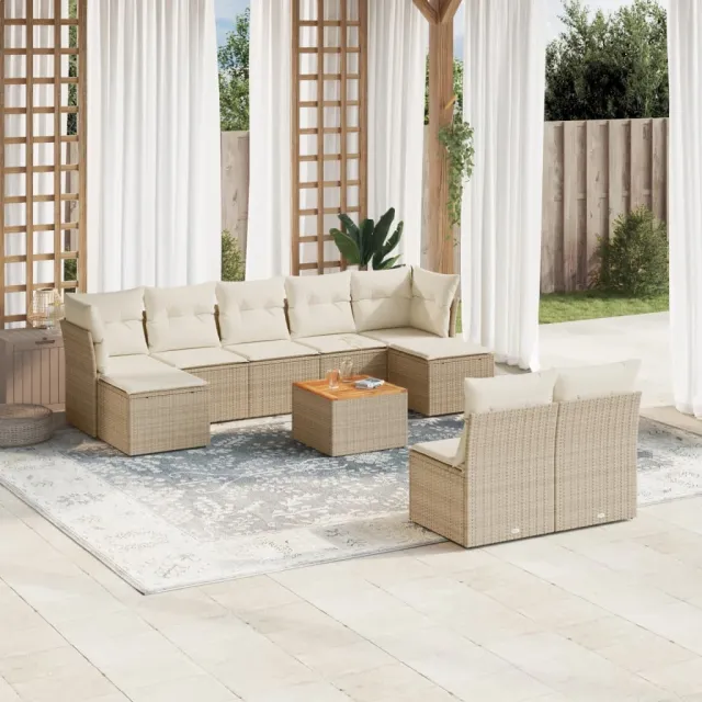 vidaXL 10-delige Loungeset met kussens poly rattan beige, foto 2