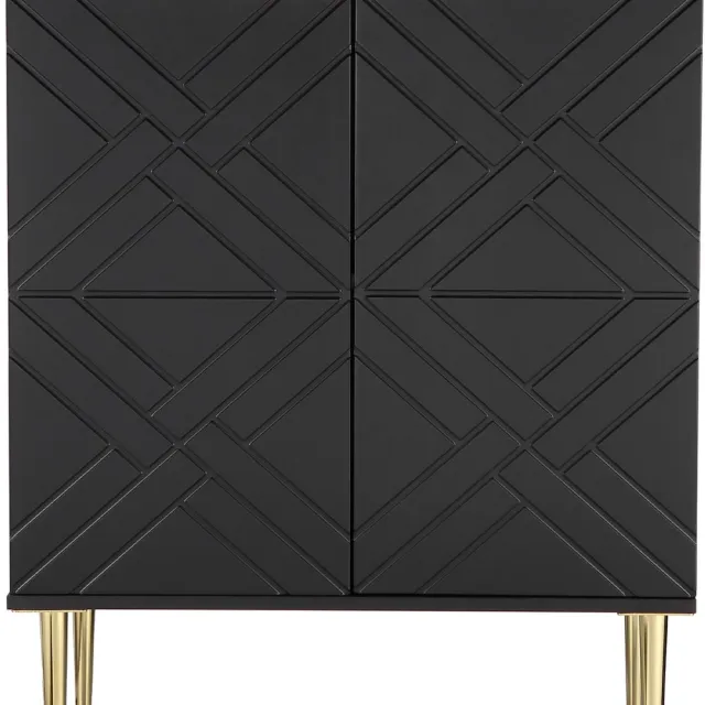Danky Sideboard Buffetkast Met 3D Geometrische Deuren - Goudkleurige Poten En Verstelbare Planken Voor Eetkamer Keuken Hal- Zwart - 74x40x88cm