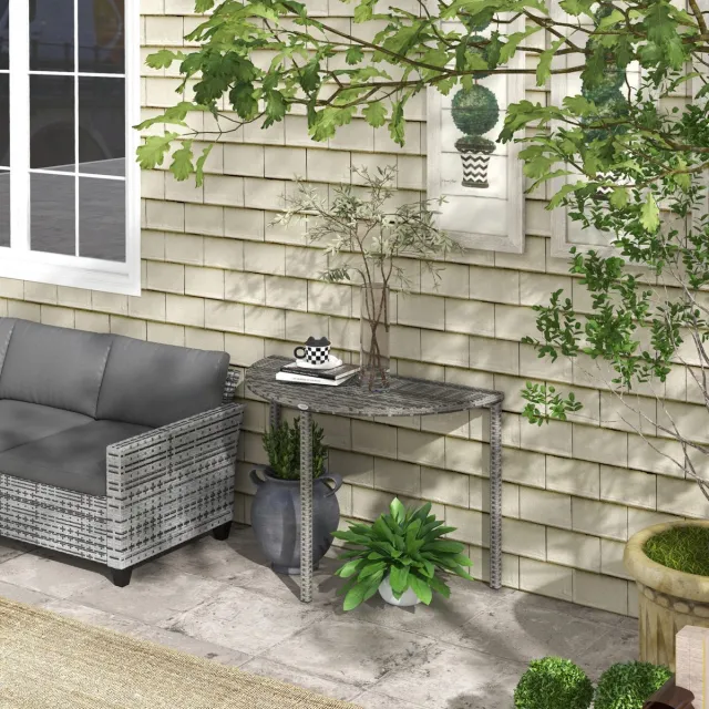 MEUNIQ halfronde balkontafel 100 x 50 x 74 cm van polyrattan en metaal, grijze buitentafel voor balkon, terras of tuin, licht te verplaatsen Grijs