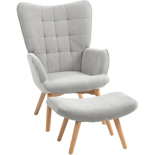 Hoohohoo Oorfauteuil met Hocker – Loungefauteuil met corduroy-textuur – Lounge- en Woonkamerstoel – Fauteuil met houten poten – Draagvermogen 150kg – Grijs