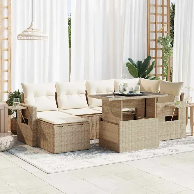 vidaXL 7-delige Loungeset met kussens poly rattan beige, foto 2