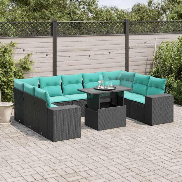 vidaXL 10-delige tuinbankset met kussens van zwart polyrotan, foto 2