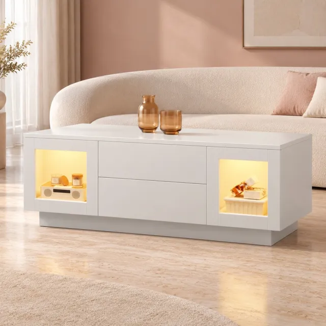 Wishdor Salontafel met dimbare RGB LED-verlichting - 2 lades en 2 kasten met glazen deuren - Bediening via app en spraak met timer - Hoogglans - Woonkamer en kantoor - MDF - Wit - 100 x 50 x 40 cm