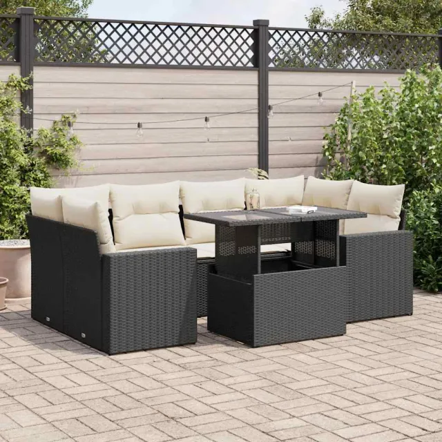 vidaXL 7-delige Loungeset met kussens poly rattan zwart, foto 2