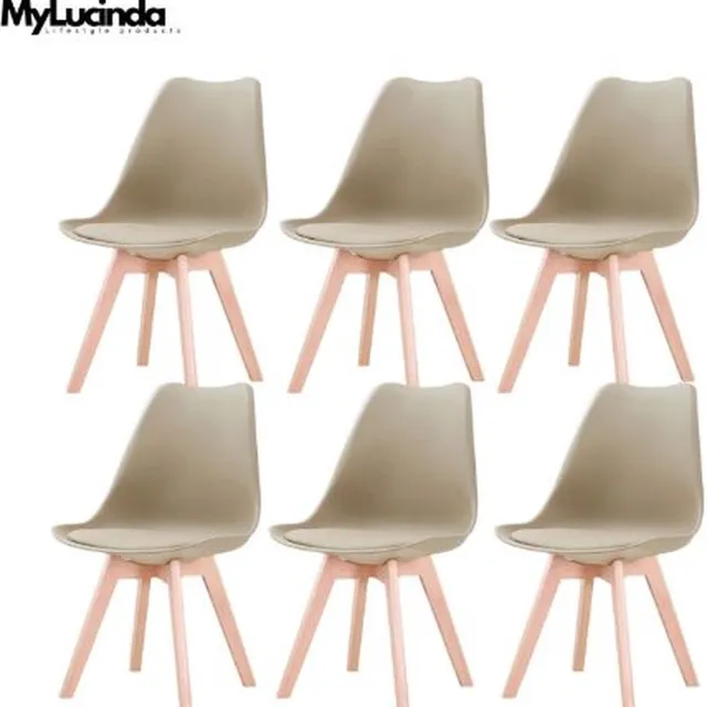 Mylucinda Set van 6 Nordic Eetkamerstoelen - Middeleeuws Design met Gewatteerde Zitting - Beukenhouten Poten - Perfect voor Eetkamer & Restaurant - Beige