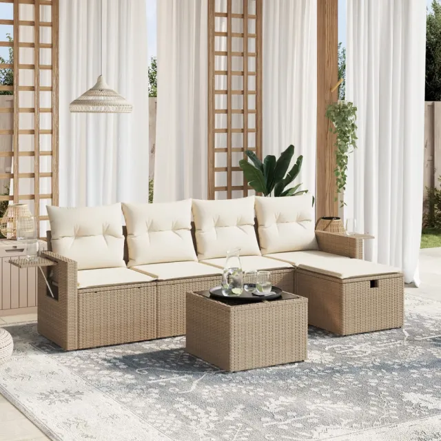 vidaXL 6-delige Loungeset met kussens poly rattan beige, foto 2