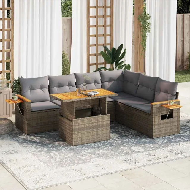 vidaXL 7-delige Loungeset met kussens poly rattan acacia beige, foto 2