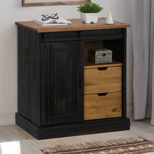 vidaXL Dressoir HALDEN schuifdeur zwart 80x40x80 cm massief hout grijs, foto 2