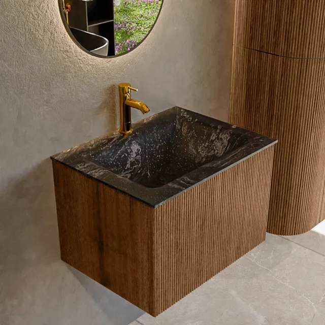 Mondiaz KURVE-DLUX 60 cm Onderkast Greeploos 1 Lade Zonder Deuren Walnut, Wastafel Solid Surface Midden Lava 1 Kraangat Zonder Spiegel (KRVCLO601L0D1KM-Wal/Lav)