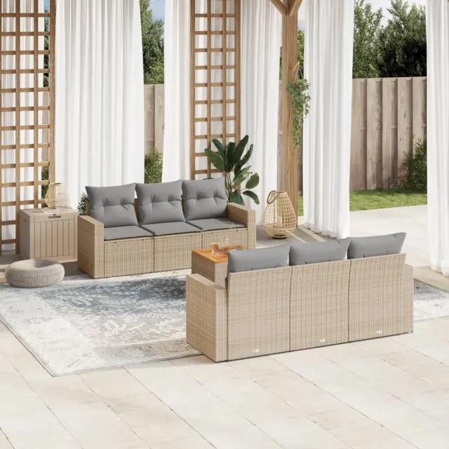 vidaXL 7-delige Loungeset met kussens poly rattan beige, foto 2