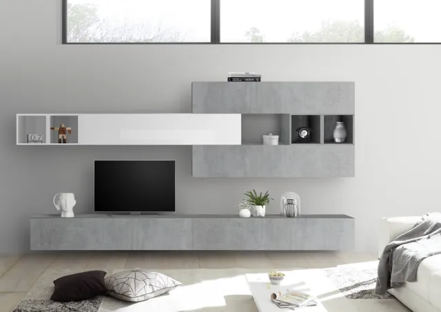 Pesaro Mobilia TV-wandmeubel Davos in hoogglans wit met grijs beton