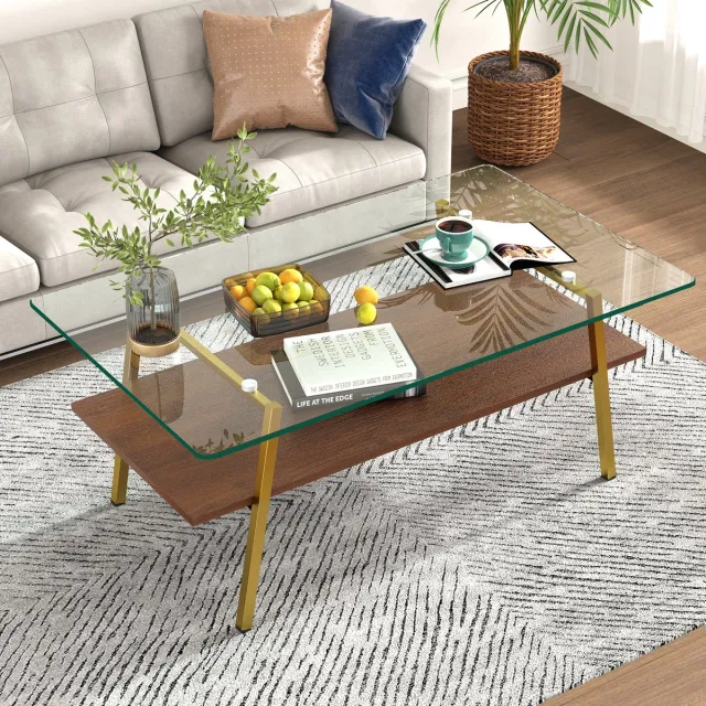 Wishdor Salontafel rechthoekig gehard glas - Modern design met metalen poten en MDF - Woonkamer voor dagelijks gebruik - Goud bruin transparant - 98 x 58 x 42,5 cm