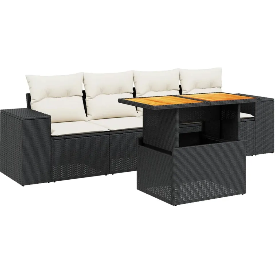 vidaXL 5-delige Loungeset met kussens poly rattan zwart