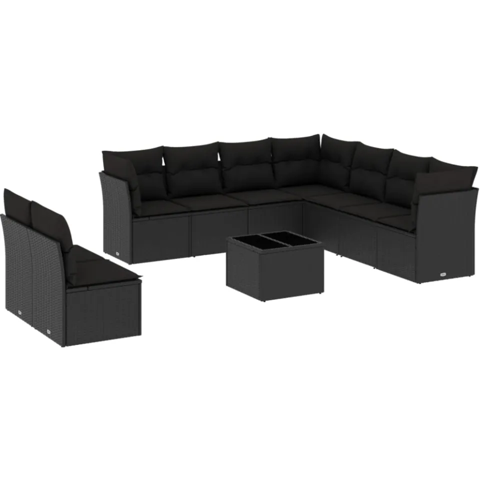 vidaXL 10-delige Loungeset met kussens poly rattan zwart