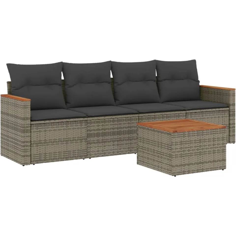 vidaXL 5-delige Loungeset met kussens poly rattan grijs, foto 3