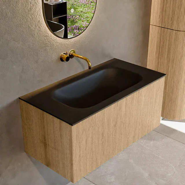 Mondiaz KURVE 90 cm Onderkast Greeploos 1 Lade Zonder Deuren Oak, Wastafel Solid Surface Midden Urban 0 Kraangaten Zonder Spiegel (KRVBGS901L0D0KM-Oak/Urb)