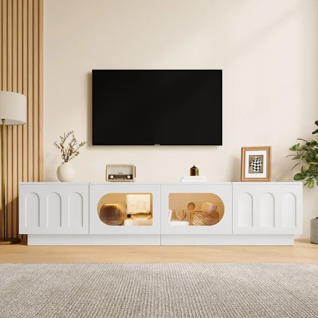 Wishdor Tv-meubel met appgestuurde LED-verlichting - Vier deuren, boogreliëf en ovaal glas - Kabeldoorvoer en opbergruimte - Vintage stijl - Woonkamer - MDF en bewerkt hout - Wit - 200 x 40 x 42 cm