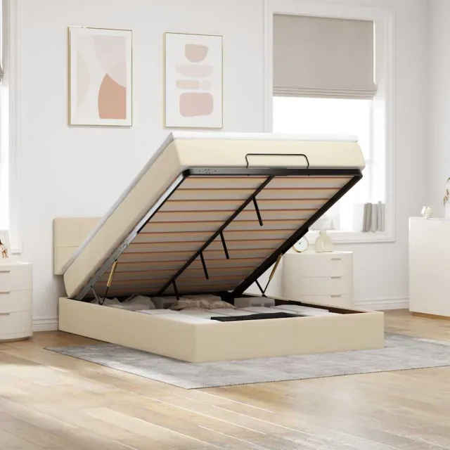 vidaXL Bed poef met matras en LED's 140x200 cm stof crèmekleurig