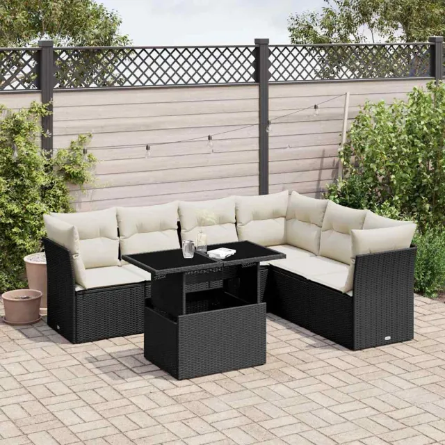 vidaXL 7-delige Loungeset met kussens poly rattan zwart, foto 2