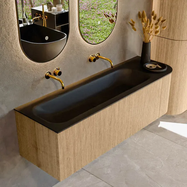Mondiaz KURVE 145 cm Onderkast Greeploos 1 Lade Met Deuren Oak, Wastafel Solid Surface Links Urban 0 Kraangaten Zonder Spiegel (KRVBGL145R1L1D0KL-Oak/Urb)