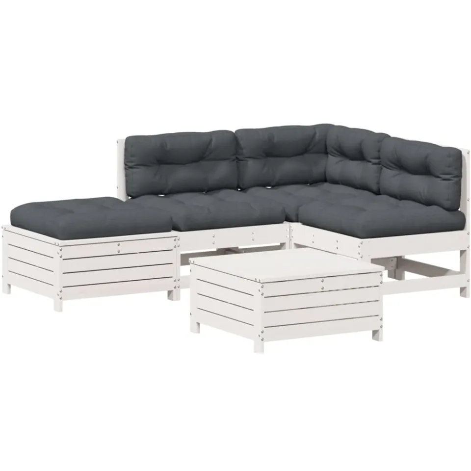 vidaXL 5-delige Loungeset met kussens massief grenenhout wit, foto 4
