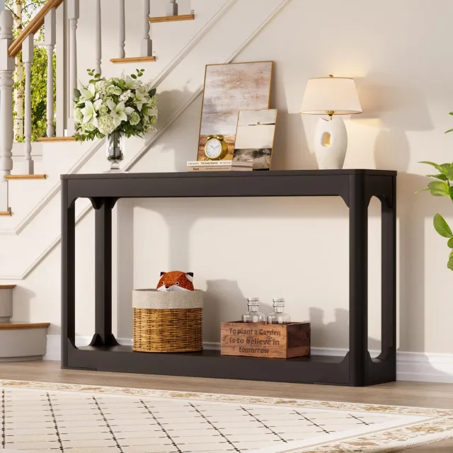 OKWISH Sidetable – 140 x 30 x 79 cm – Open Opbergrek – Voor Achter Bank, Hal en Entree – Modern Minimalistisch – MDF Zwart