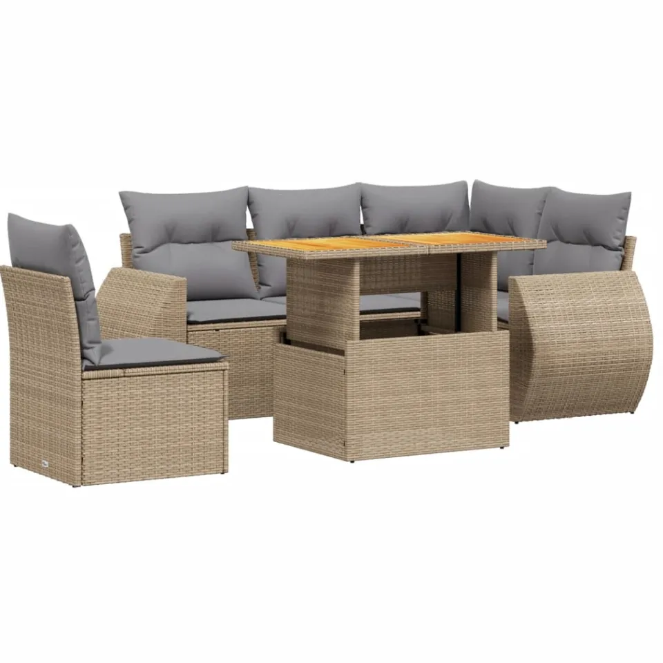 vidaXL 6-delige Loungeset met kussens poly rattan beige, foto 3