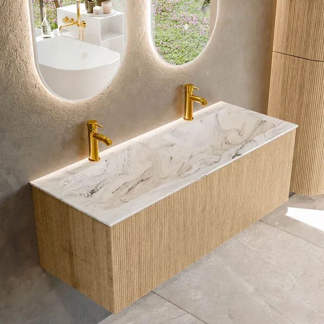 Mondiaz KURVE-DLUX 120 cm Onderkast Greeploos 1 Lade Zonder Deuren Oak, Wastafel Solid Surface Dubbel Glace 2 Kraangaten Zonder Spiegel (KRVLEA1201L0D2KD-Oak/Gla)