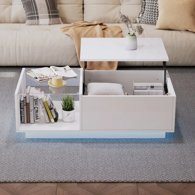 Wishdor Hoogglans salontafel met verstelbaar blad en verborgen opbergruimte, app-besturing RGB-LED, 100×50×33–46,5 cm, wit