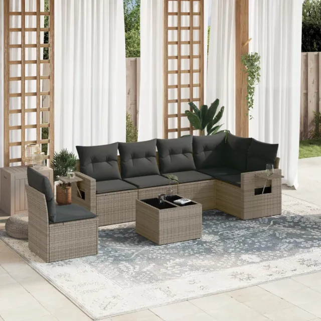 vidaXL 7-delige Loungeset met kussens poly rattan grijs, foto 2