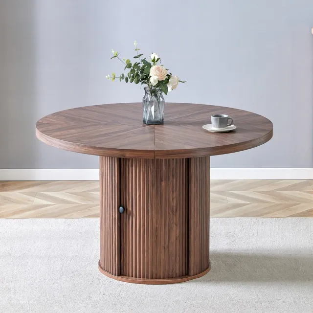 KOMHTOM Ronde Eettafel - Houtlook - 115 cm - Met Opbergruimte - Kolomvoet met Kast - Voor 4-6 Personen - Scandinavisch Modern Walnoot