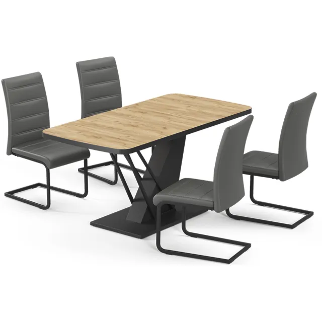 Vicco Eettafel set Fenaro, Goudkleurig Eiken/Zwart, 120 x 80 cm met 4 eetkamerstoelen, grijs