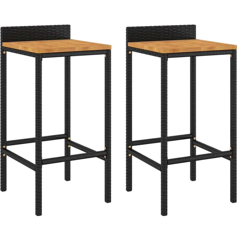vidaXL Barkrukken 2 st poly rattan en massief acaciahout zwart, foto 3