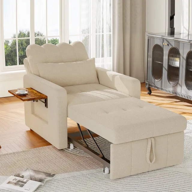 ROSAHQNDA 3-in-1 converteerbare slaapbank, gestoffeerde stoel die ook als bed kan dienen, verstelbare slaapbank met kussen en bekerhouder, fauteuil met slaapfunctie voor appartement, woonkamer, slaapkamer, kantoor, beige