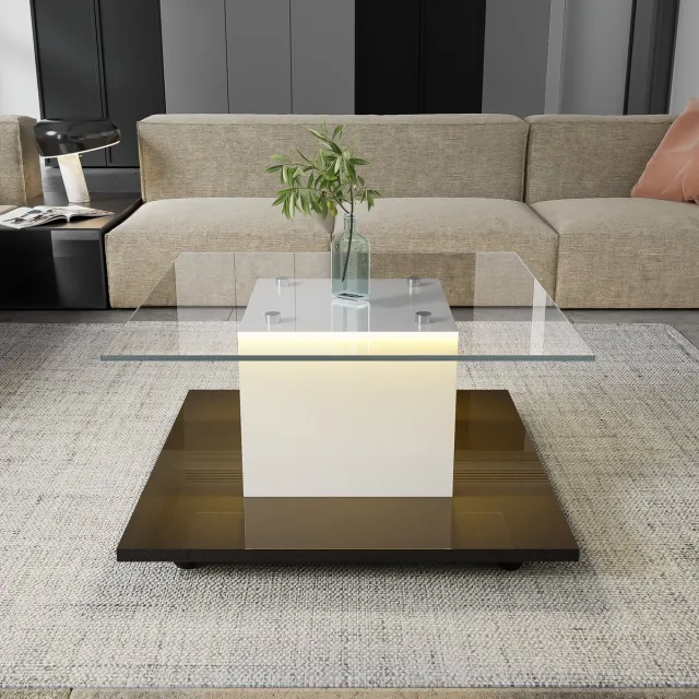 Clruro Salontafel - Verrijdbaar - Hoogglans Glas Met Zwenkwielen - Modern Design - Glas - Wit Wit+Zwart