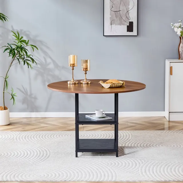 FloraGrace Eettafel - Ronde Tafel Met Dubbele Open Opbergruimte - Voor Woonkamer En Eetkamer - MDF En Metaal - 107 Cm - Zwart Walnoot Black