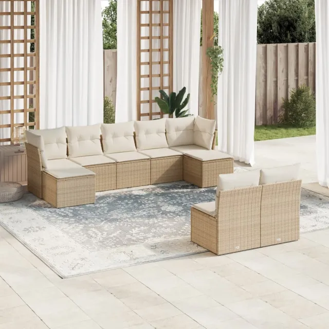vidaXL 9-delige Loungeset met kussens poly rattan beige, foto 2