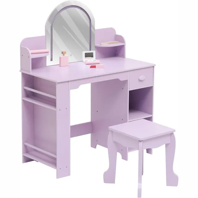 HOERFURIY Kinder Kaptafel met Verlichte Spiegel - 2‑in‑1 Kaptafel & Krukje voor Meisjes 3‑9 Jaar, met Boekenkast, Lade & Open Planken, paars