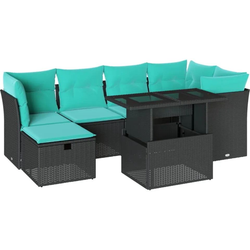 vidaXL 7-delige tuinbankset met kussens van zwart polyrotan, foto 3