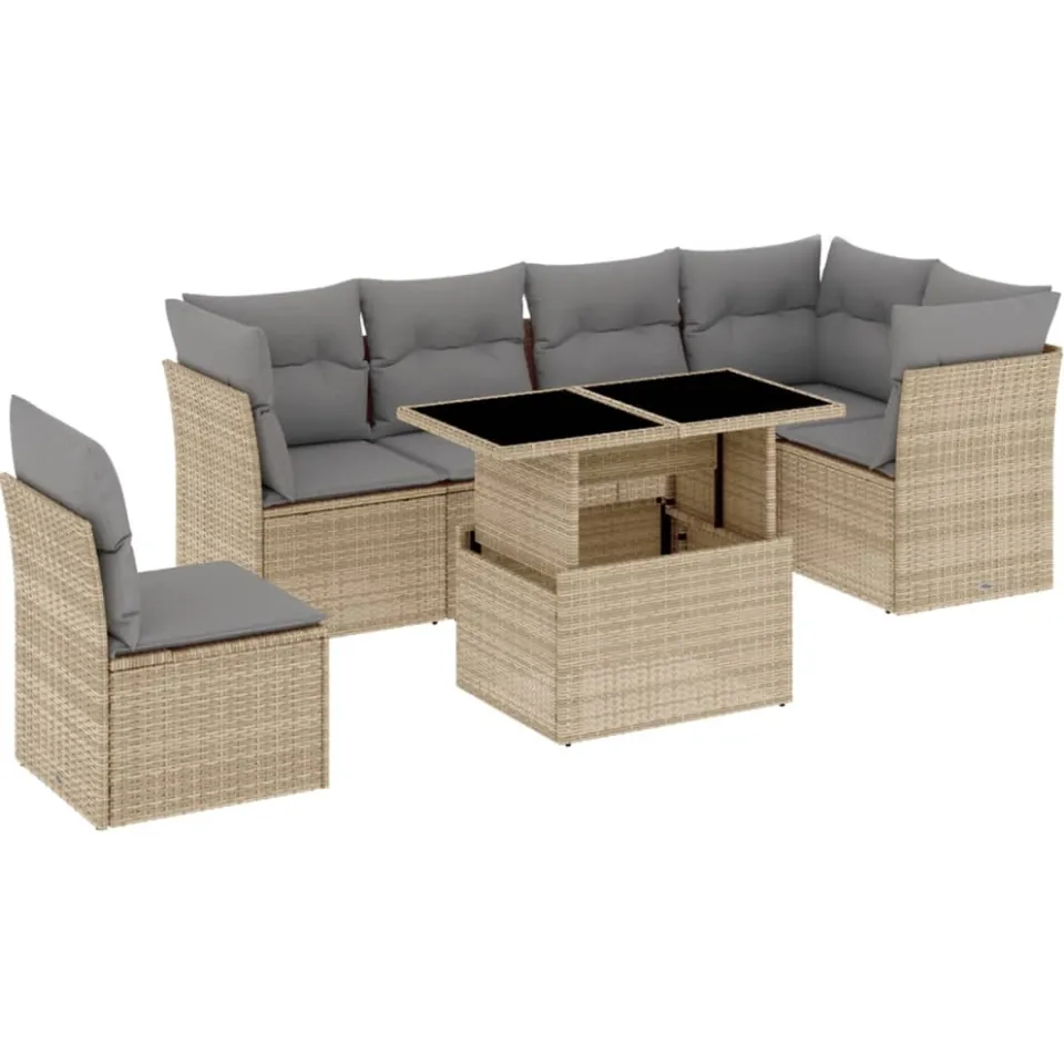 vidaXL 7-delige Loungeset met kussens poly rattan beige, foto 3