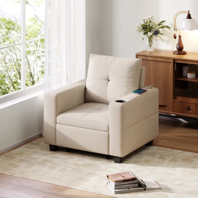 MEXUS Opklapfauteuil 3-in-1, Eenpersoons slaapbank met oplaadpoorten en opbergvakken, verstelbare rugleuning, omvormbaar tot fauteuil, inclusief opbergtassen en 1 bekerhouder, Linnen Beige