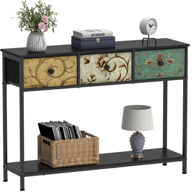 Trankielo Consoletafel met 3 stoffen laden - Bijzettafel voor gang, woonkamer en slaapkamer - Eenvoudige montage, zwart zwart, wit, multi