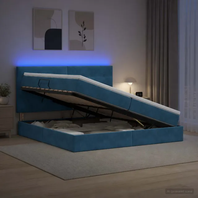 vidaXL LED Opslagbed met Matras Donkerblauw 200 x 200 cm Fluweel