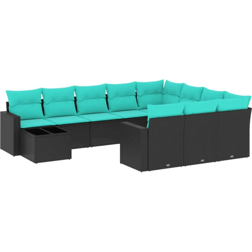 vidaXL 11-delige tuinbankset met kussens, zwart polyrotan