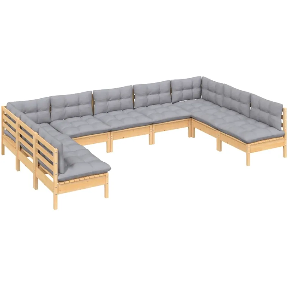 vidaXL 9-delige Loungeset met grijze kussens massief grenenhout Grijs