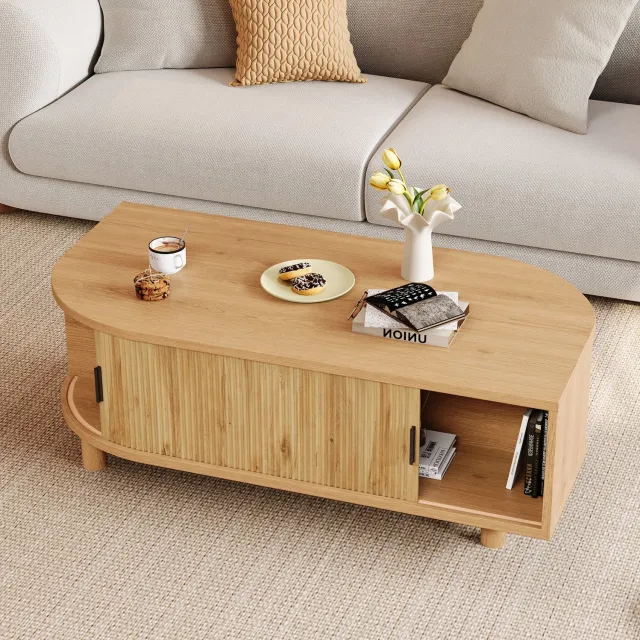 Wishdor Salontafel met 2 schuifdeuren en opbergruimte - Afgeronde hoeken en 4 houten poten - Scandinavische en japanse stijl - Voor woonkamer - MDF - Naturel houtkleur - 100 x 50 x 35 cm