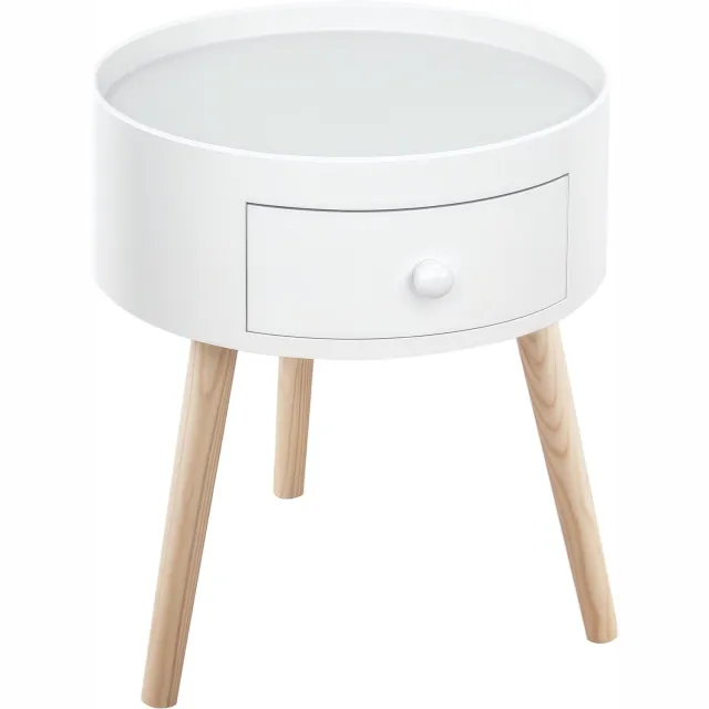 Lunpog alontafel, bijzettafel, rond, lade, licht eiken, wit | Scandinavisch design, bankuiteinde, schuine taps toelopende poten, massief hout