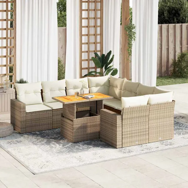 vidaXL 9-delige Loungeset met kussens poly rattan beige, foto 2