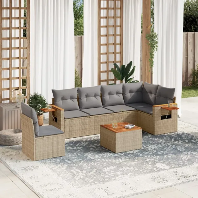 vidaXL 7-delige Loungeset met kussens poly rattan beige